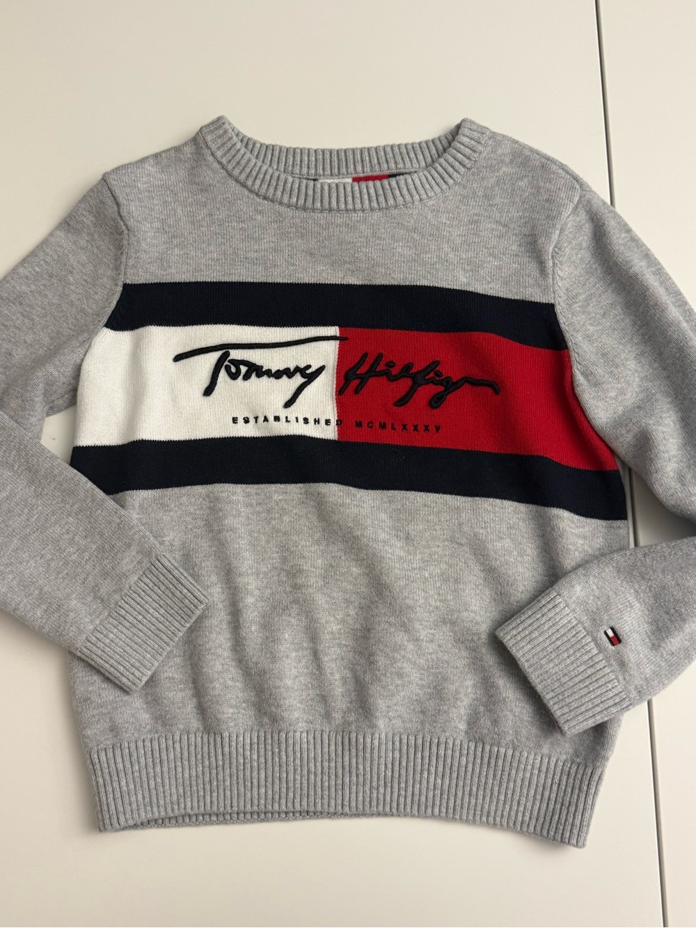Tommy Hilfiger Gray Crewneck Sweater with Red, Navy & White Stripes